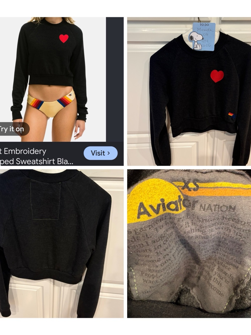 Aviator Nation Black Cropped Sweatshirt with Red Heart Embroidery rare xs